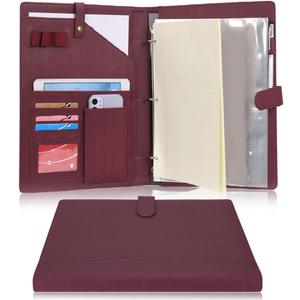Wonderpool A4 PU Leather Portfolio Holder Ring File Document Case with Removable Binder Clipboard, Multi Pocket and Legal Pad for Business Organizer Interview and Meeting (Wine red)