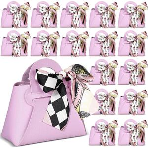 Abbylike 18 Pcs PU Leather Purse Gift Bags with Handles Ribbon Wedding Purse Party Favor Candy Boxes Treat Goodie Bag for Birthday Bridal Baby Showers Party (Purple)