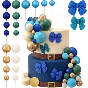 Threehoney 60 Pcs Sage Green Navy Blue Balls Cake Toppers and Bow Cake Decorations Birthday Jungle Safari Baby Shower Bridal Showers Graduation Engagements Weddings Bear Theme Party Decoration