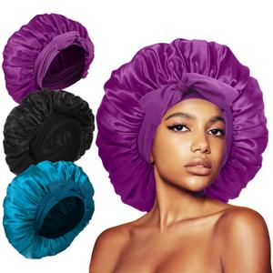 3Pcs Silk Bonnet for Sleeping, Satin Hair Bonnets for Sleeping Black Curly Hair Women Extra Large Jumbo Bonnet with Tie Band Braids (Black+Peacock Blue+Purple)