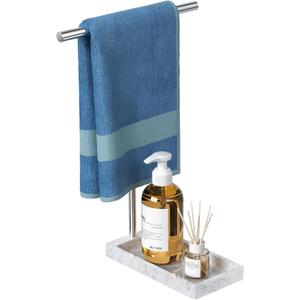 Volnamal Hand Towel Holder for Bathroom, 2-in-1 T-Shape Towel Stand with Countertop Tray, Hand Towel Rack Standing for Counter Top, Vanity, Kitchen, Heavy Non-Tipping Holder - Silver