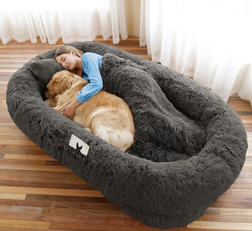 Human Dog Bed, 71''x45''x12'' Size Fits You and Pets, Washable Faux Fur Pet Bed for People Doze Off, Napping Orthopedic Dog Bed, Present Plump Pillow, Blanket, Strap - Dark Grey