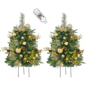 2 Pack Prelit Outdoor Christmas Tree 30 Inch, Remote Control Battery Operated with 100 Warm White Multi-Color Changing LED Lights, Small Pre-Decorated Green Xmas Tree for Pathway, Porch (Gold)