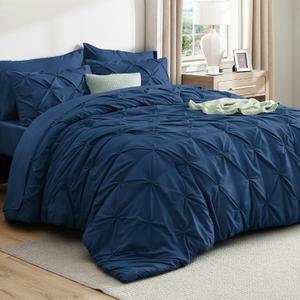 Bedsure California King Comforter Set Navy - Bed in a Bag Cal King Bedding Set 7 Pieces, GentleSoft Pintuck Bed Set Gift for Family, Pinch Pleat Navy Comforter with Sheets, Pillowcases & Shams
