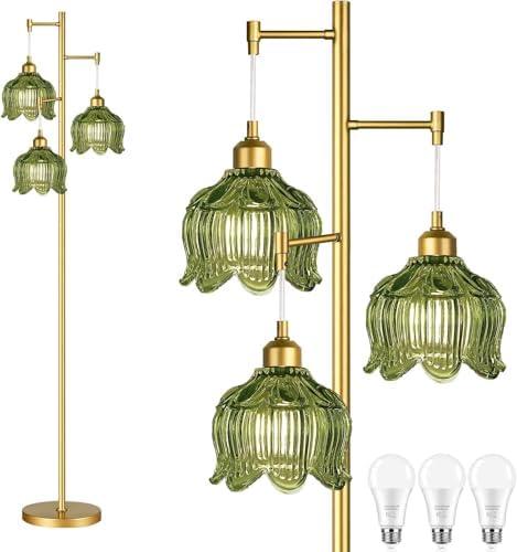 QIYIZM Gold Floor Lamp for Living Room,Bedroom,Mid Century Modern Standing Lamp Brass Tree 3 Light Tall Floor Lamps Vintage Retro Floor Lights Glass Green Flower Lamp Shade Farmhouse Boho Bohemian