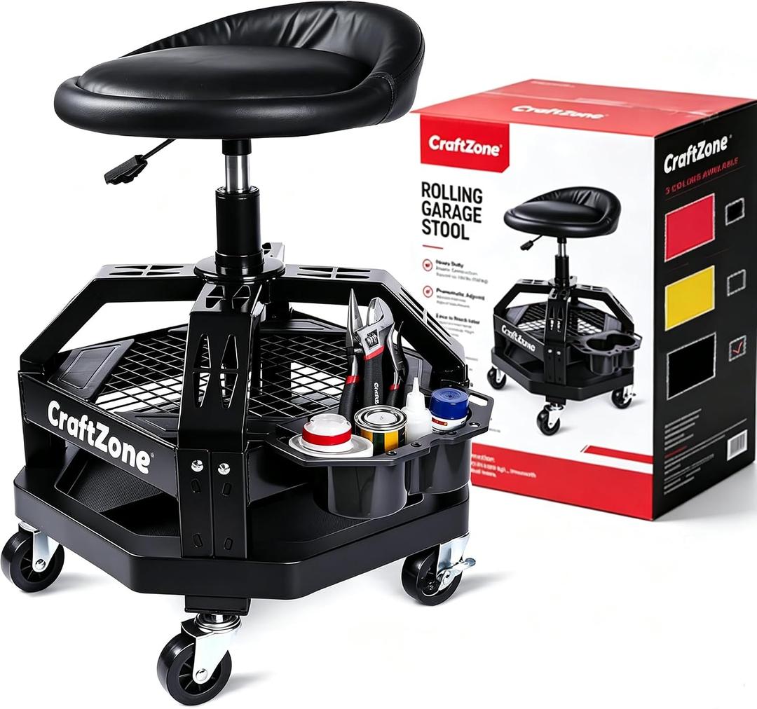 Rolling Shop Stool with Wheels, Heavy Duty Garage Shop Creeper,Adjustable Height Roller Seat, 360-degree Swivel Industrial Garage Stool with Storage Shelf, Black