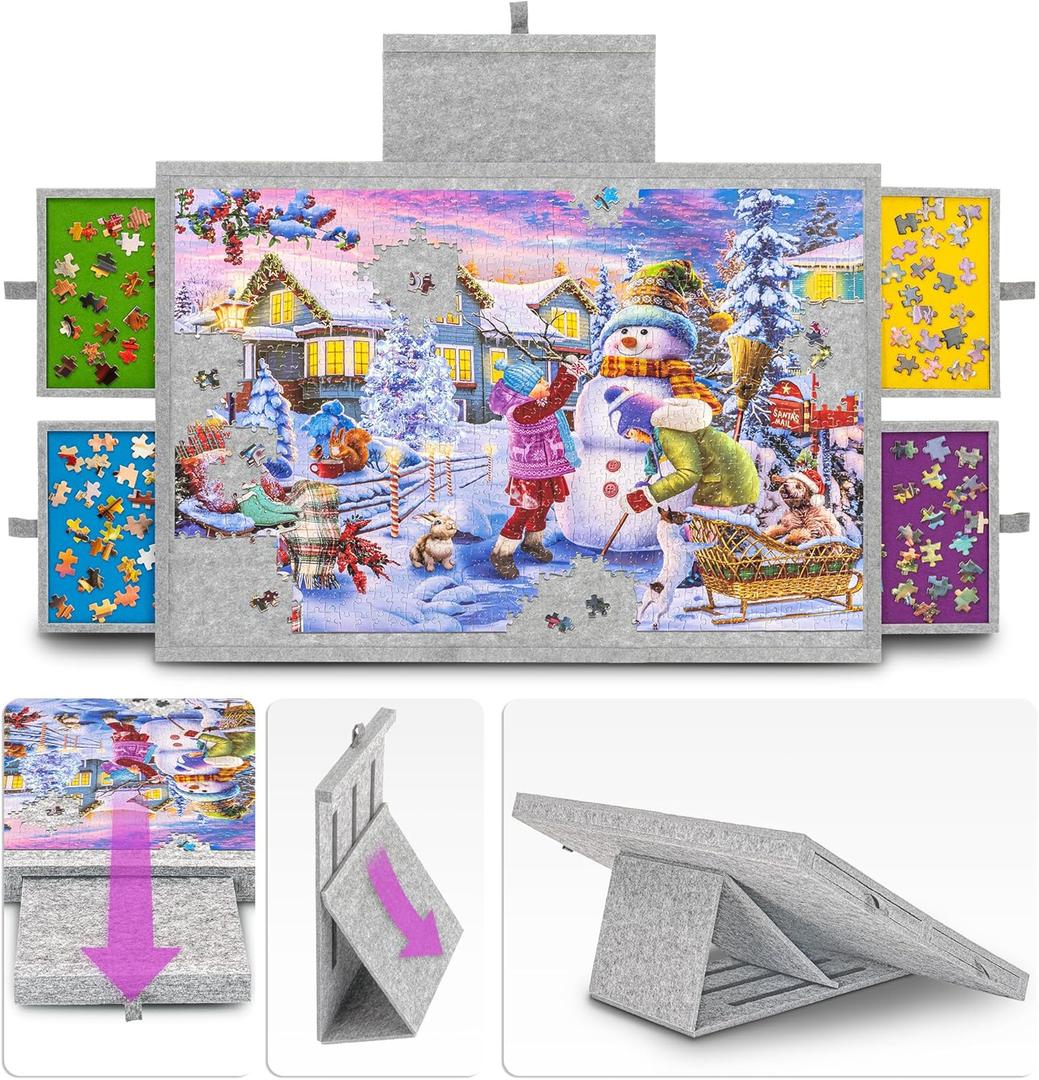 Tektalk Jigsaw Puzzle Table with Integrated Adjustable Stand/Bracket, 3-Tilting-Angle Super Lightweight Felt Puzzle Plateau Board with Cover & 4 Sorting Drawers (Light Gray, for Up to 1000 Pieces)