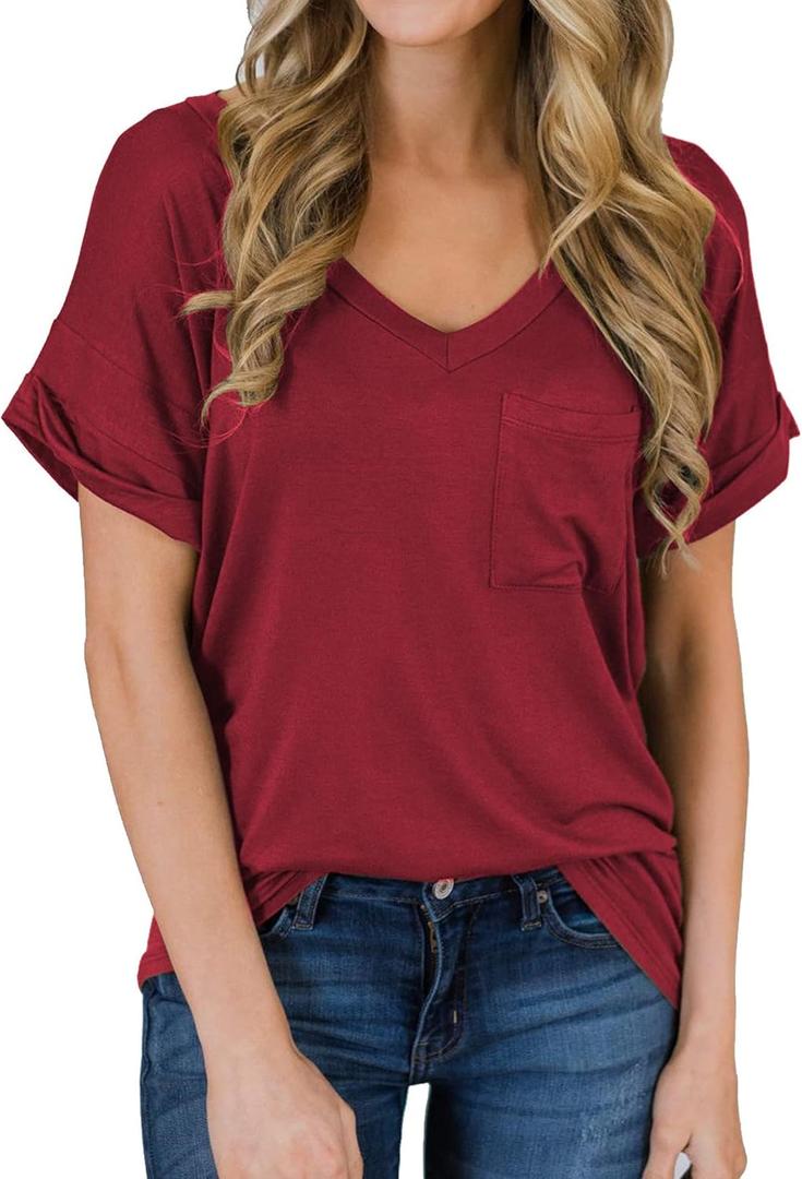 MIHOLL Women's Short Sleeve V-Neck Shirts Loose Casual Tee T-Shirt (Large, 19_ Wine Red)