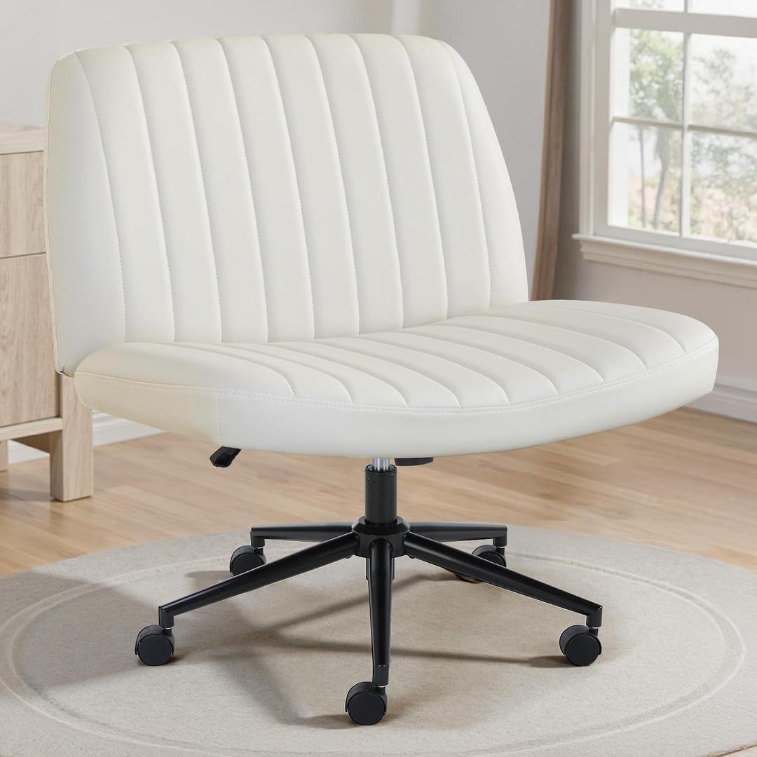 OLIXIS Criss Cross Chair with Wheels Wide Cross Legged Office Desk Vanity Chair Comfy Fabric Armless Adjustable Swivel for Home Computer Task PU Beige, Luxurious