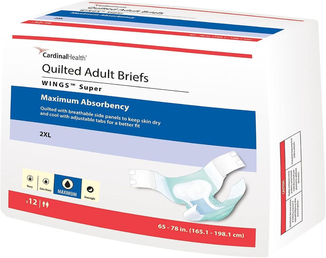 Cardinal Health Quilted Adult Briefs, Wings Super with BreatheEasy Technology, Maximum Absorbency, XX-Large, Bag of 12