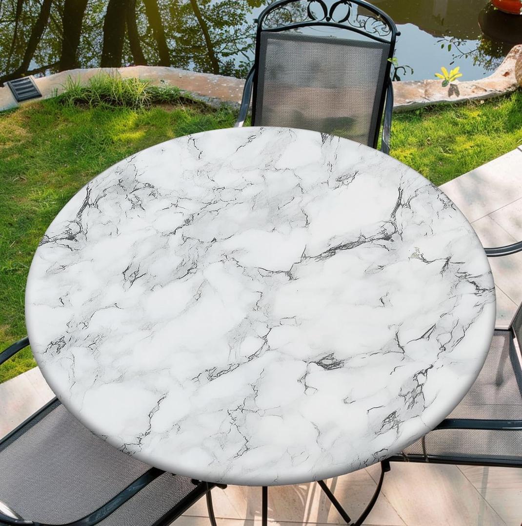 Waterproof Tablecloth with Elastic Tablecloth for Round Tables 36"-70" for Indoor Outdoor Patio Use, 52Inch, White and Gray Marble