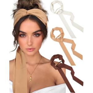 AWAYTR Women's Long Twist Knotted Chiffon Headbands - 3PCS Criss Cross Head Wraps for Thick Hair (Earth Tone)
