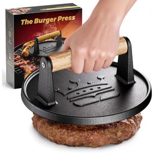 Smash Burger Press 6.5,Cast Iron Flat Round Edge Grill/Bacon/Meat/Hamburger/Chef Press with Wood Handle,1.74lb hamburger press patty maker for Griddles,Nonstick burger smasher for griddle accessories
