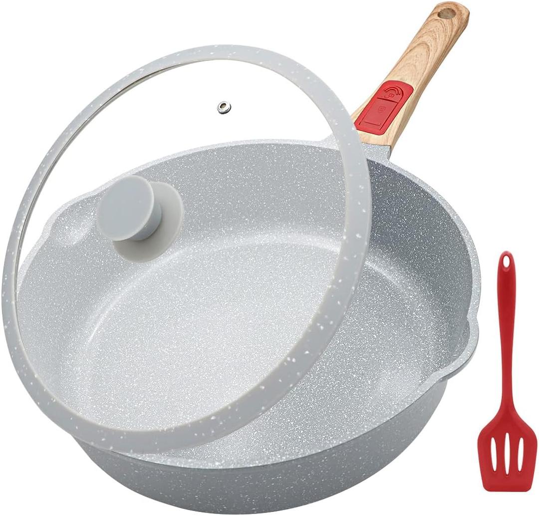 Nonstick Ceramic Frying Pan with Lid, 11 inch Non Stick Deep Frying Pan Skillet with Removable Handle, Aluminum Kitchen Cooking Saut Pan, Oven Safe (Blue)