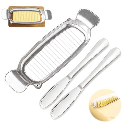 Stainless Steel Butter Slicer Cutter with 2 Butter Knives – Hand Held Ergonomic Butter Cutter for Stick Butter & Soft Cheese, 3 in 1 Easy Butter Spreader Knife for Cold Butter Slicing & Spreading