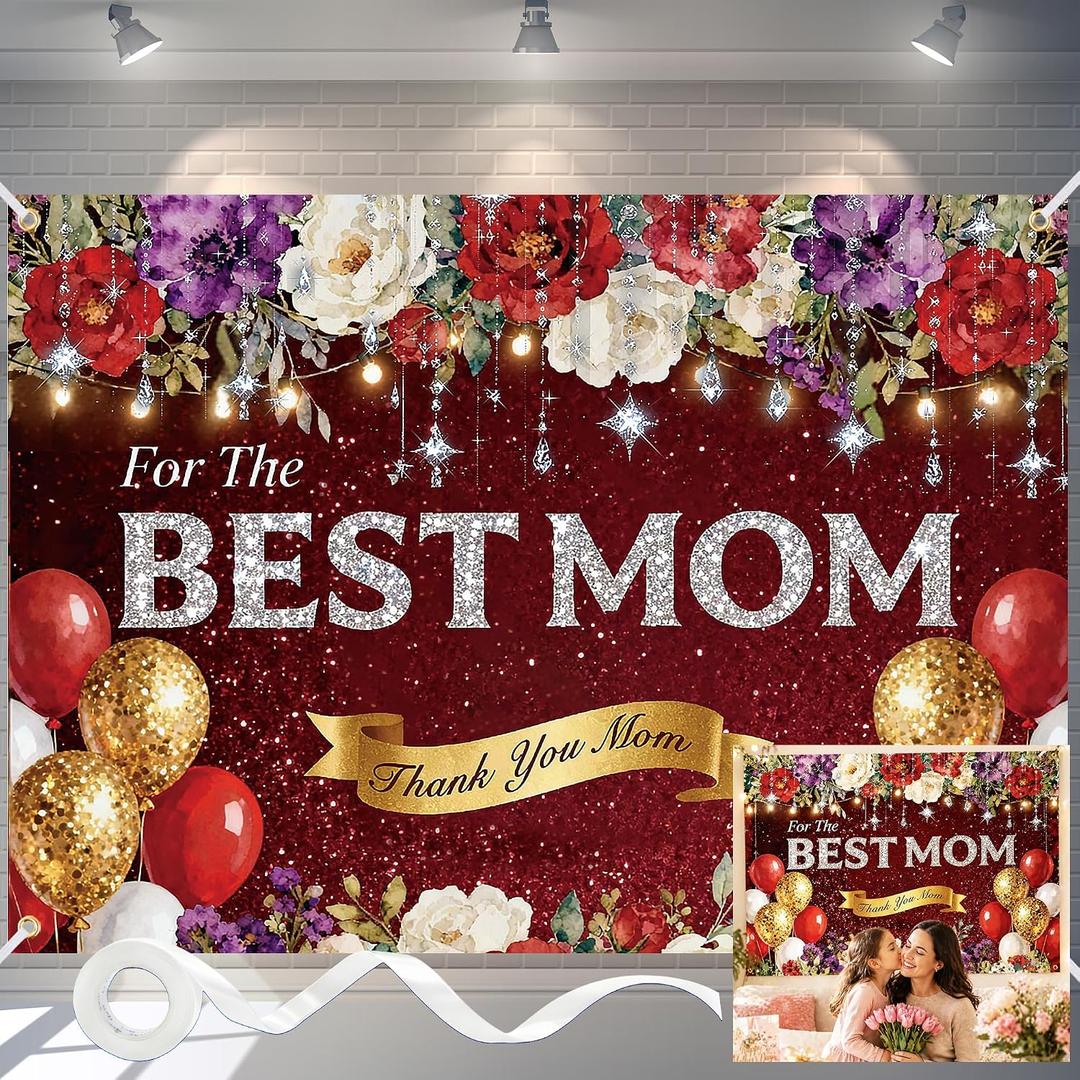 Mothers Day Backdrop 7x5FT Happy Mothers Day Banner with 32.8ft Ribbon, Polyester Floral Mothers Day Banner with 4 Brass Grommets for Mothers Day Party Decorations Photography Background