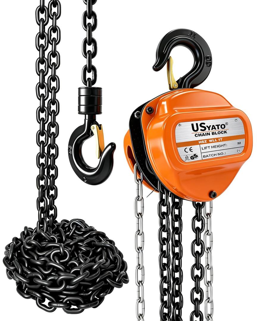Chain Hoist 1 Ton, 2200 lbs Capacity, 20 FT Manual Chain Fall, G80 Alloy Steel Load Chain, Double-Pawl Brake, 360° Swivel Hooks, Heavy Duty Hoist for Garage, Shop, Farm, Warehouse