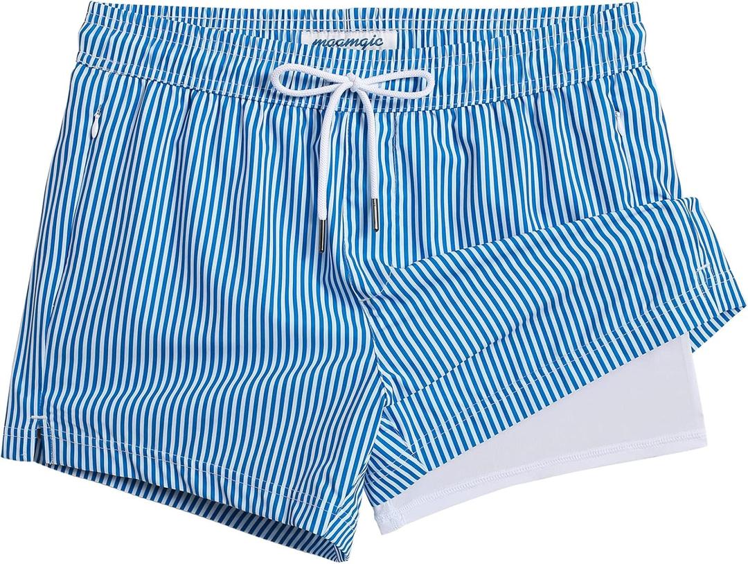maamgic Mens Swim Trunks with Compression Liner Short Stretch Mens Bathing Suit Quick Dry Swimming Trunks Swimsuit (Large, Stripe Bluewhite)