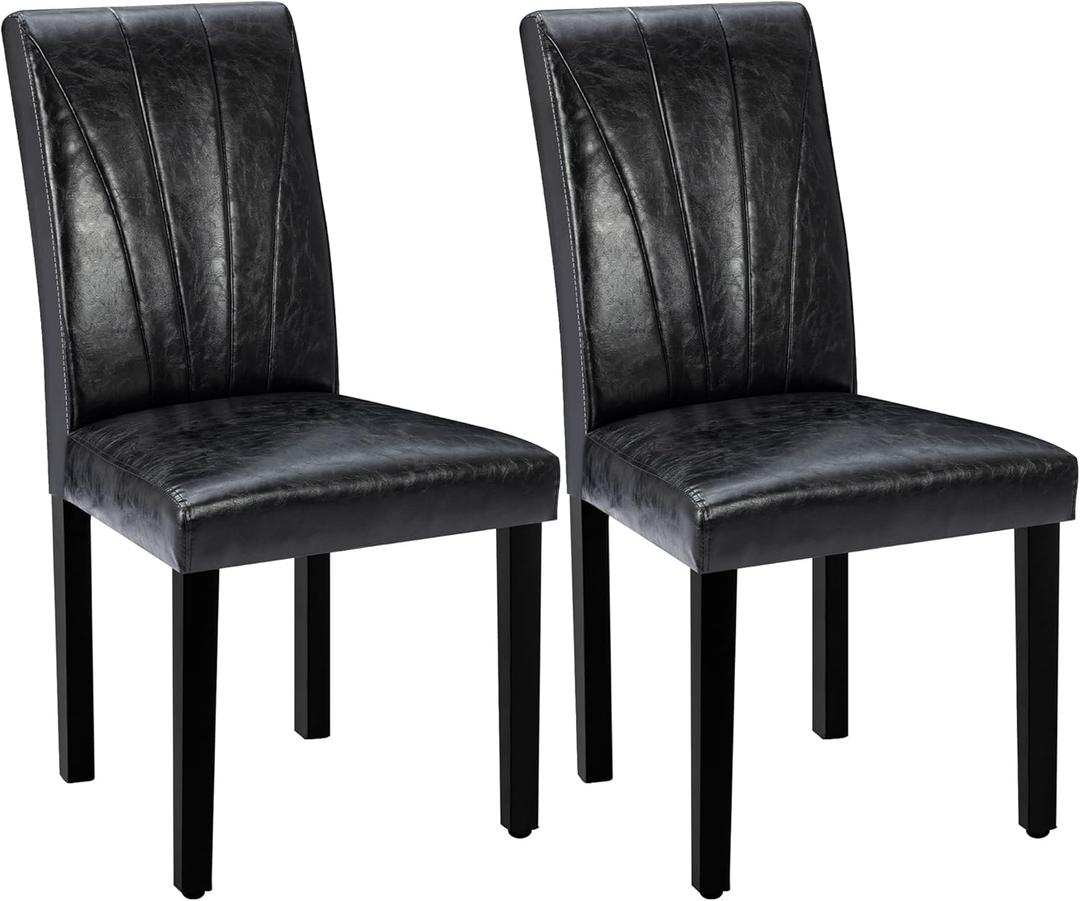 VECELO Upholstered Dining Chairs Set of 2, Modern PU Leather Dinning Room Chair with Solid Wood Legs and High Back, Parsons for Kitchen/Living Room- Black 