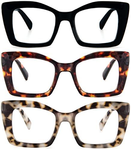REAVEE 3 Pack Oversized Square Reading Glasses Oprah Style for Women, Blue Light Blocking Large Frame Computer Designer Fashion Readers with Spring Hinge (Black/Tortoise/Grey Tortoise,2.0)