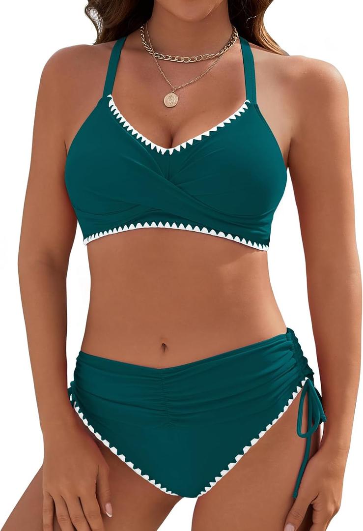 Women's Bikini Sets V Neck High Waisted Swimsuits Shell Stitched Two Piece Swimsuit Tie Side Swimwear L