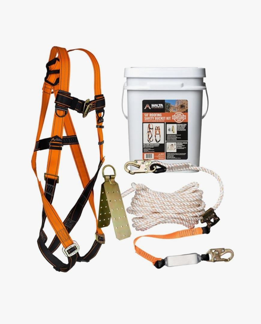 Malta Dynamics 50’ Roofer's Safety Bucket Kit – Warthog Pass-Thru Safety Harness, Reusable Roof Anchor, and 50’ Vertical Lifeline Assembly, OSHA/ANSI Compliant