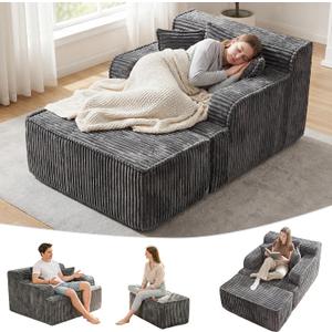 Chaise Lounge Chair Indoor,Boneless Chair with Ottoman,Comfy Reading Chair for Adults,Small Sofa Bed Couch for Living Room,Single Sleeper Chair Bed,Grey, Single Size