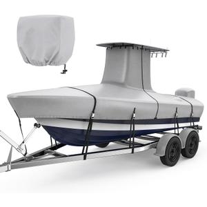 Fonzier T-Top Boat Cover with Motor Cover, 1400D Heavy Duty Waterproof Tear-Resistant Upper Reinforced, Fit 20'-22' Center Console Boat with T-TOP Roof, Beam Width up to 106", Gray