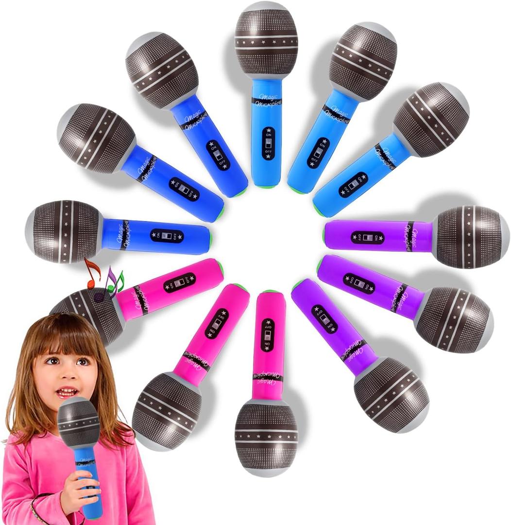 Novelty Place 12-Piece Inflatable Microphones - Assorted Colors, Giant Blow-Up Rock Star Microphones for 80s, 90s Musical Concert Party Favors (10 Inches)