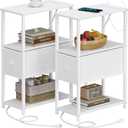 TUTOTAK Small Narrow End Table with Charging Station, Set of 2, Side Table with Outlets, Nightstand with Cloth Drawer, Couch Table, for Living Room, Bedroom, Bedside, White TB01BW058, 24.8 inches x 15.8 inches x 7.8 inches