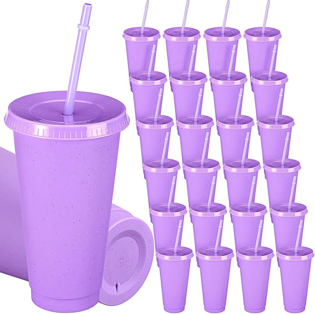 8 Pack Plastic Tumblers with Lid and Straw Reusable Cups Bulk Water Bottles Iced Coffee Travel Mug Cup for Birthdays Party Juices Adults Kids (Purple,17oz)