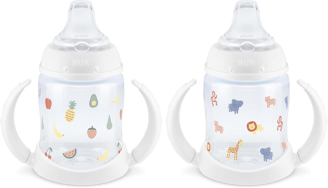 NUK Learner Cup, 6+ Months, Fun Fruits and Animals, Collection, 5 Oz, Pack of 2 BPA Free, Soft Spout, Spill Proof Sippy Cup