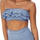Saodimallsu Women High Waisted 2 Piece Bikini Set Bandeau Ruffle Swimsuit Top Striped Bathing Suits (Small, Royal Blue)