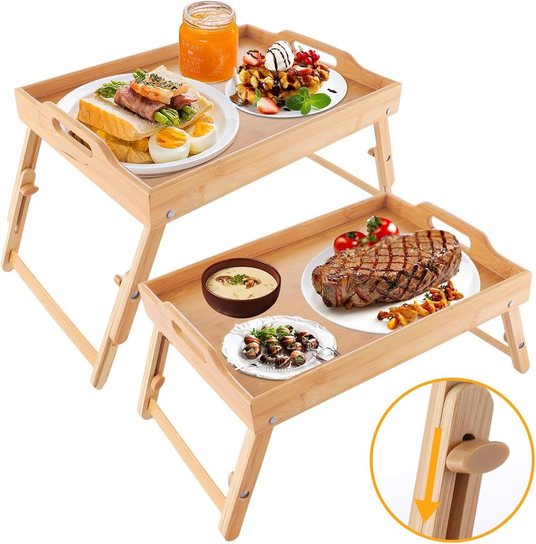 2 Pack Bed Tray Table for Eating, 16.3 x 11.8 Inch Breakfast Food Tray with Adjustable Folding Legs, Portable Serving Tray for Sofa Laptop Desk Snack Tray