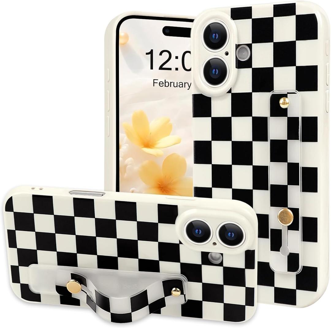 NITITOP Compatible with iPhone 16 Plus Case with Wrist Strap Kickstand Cute Trendy Checkerboard Plaid for Women Girls Slim Fit TPU Shockproof Full Camera Protective Cover - Black and White