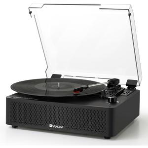 Vangoa Vinyl Record Player Turntable with 2 Built-in Speakers, Wireless Record Player 3 Speed 3 Size, Portable Vintage Belt-Driven Turntables for Vinyl Records, Black