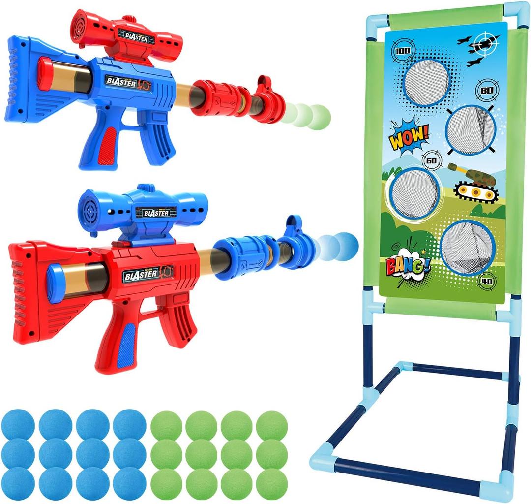 SpringFlower Shooting Game Toy for 5 6 7 8 9 10+ Years Olds Boys,2pk Foam Ball Popper Air Toy Guns with Standing Shooting Target,24 Foam Balls, for Kids