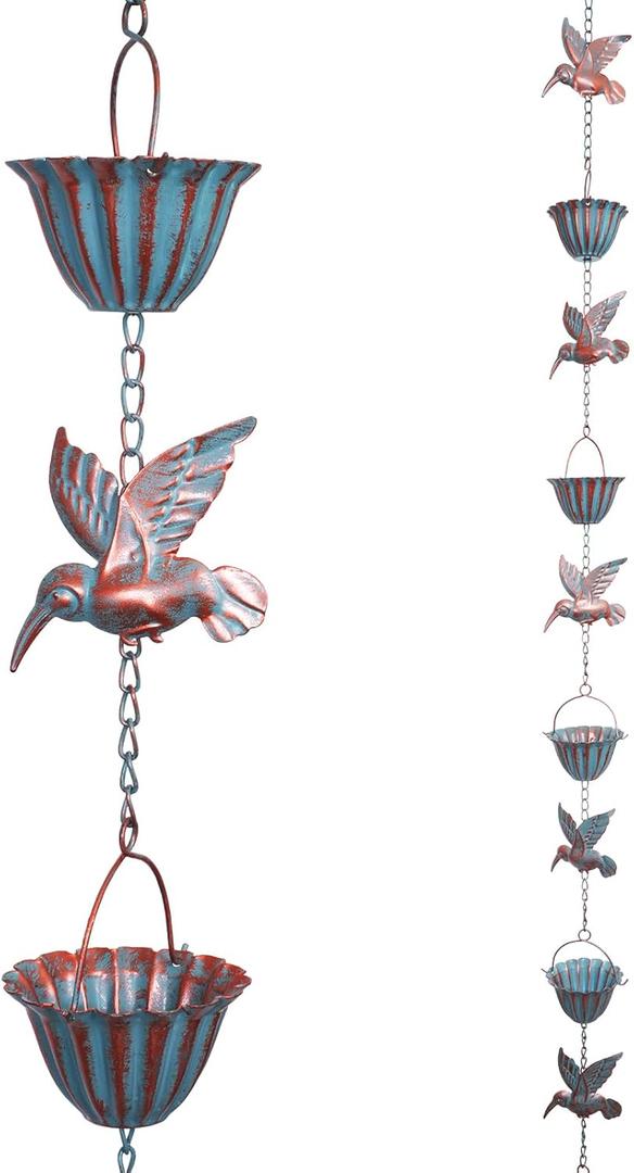 Rain Chains for Gutters, 8.8 Ft Rain Chains with 8 Cups & 9 Hummingbird Decor, Rain Barrels to Collect Rainwater from Gutter, Gutter Downspout Extensions