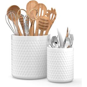 Ceramic Utensil Caddy, Large Spatula Holder, 6.8 inch Cooking Utensil Holder for Kitchen Counter, Farmhouse Kitchen Decor for Silverware Spoon Crocks 2PCK