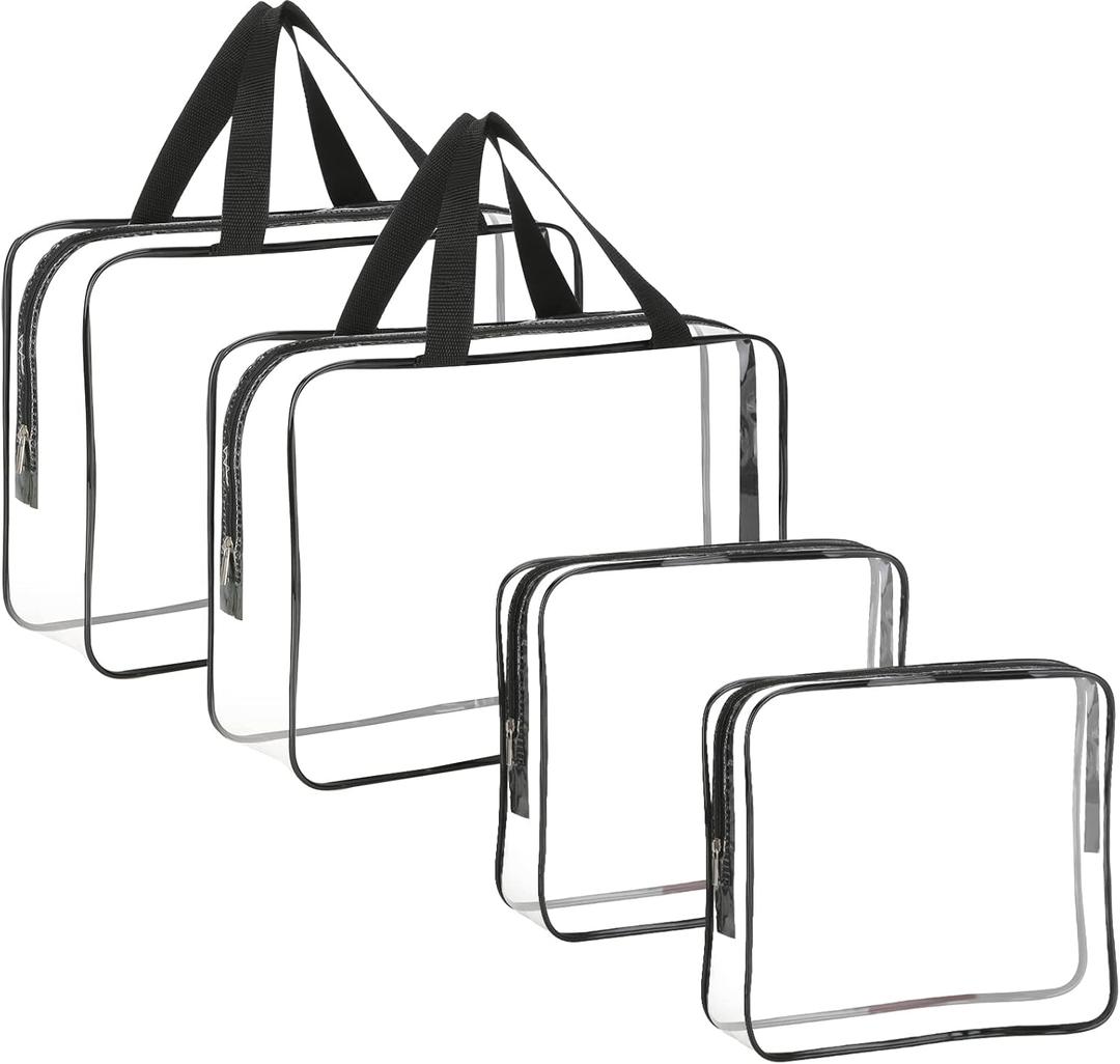 4-Piece Large Makeup Bags - Clear Plastic PVC Tote Bags with Zipper Handle - Portable Travel Luggage Pouch - Airport Airline Vacation Organization (Black)