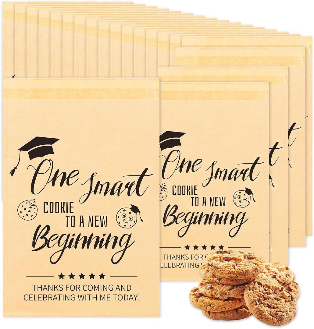 DECYOOL 80Pcs Class of 2025 Graduation Cookie Bags Self-Adhesive Cookie Treat Bag One Smart Paper Bags Kraft Grad Snack Goodie Bag for Graduation Party Supplies