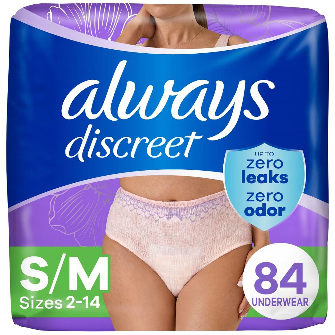 Always Discreet Adult Postpartum Incontinence Underwear for Women - Maximum Protection, S/M, 84 Count