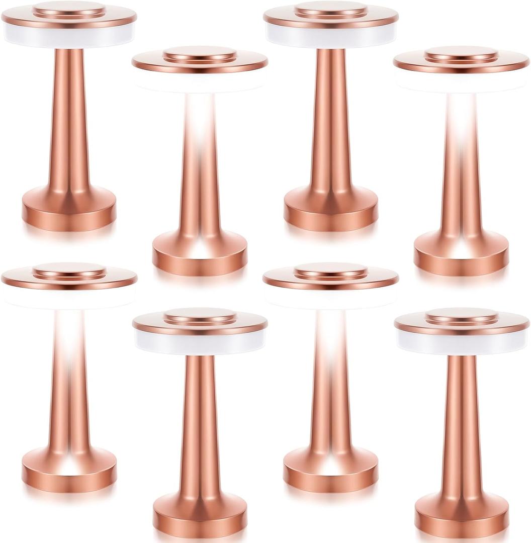 VIHOSE Set of 8 LED Portable Cordless Table Lamp with Touch Sensor 3 Color Stepless Dimming Rechargeable Battery up to 15 Hours Cordless Table Light Wireless Lamp for Nursery(Rose Gold) (Rose Gold)