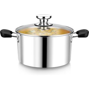 4 Quart 3-Ply Cooking Stock Pot with Lid, P&P CHEF Stainless Steel Large Pot for Pasta Soup, Work on Multi Stove, Heavy Duty & Dishwasher Safe, Dual Heat-resistant Handles & Transparent Glass Lid