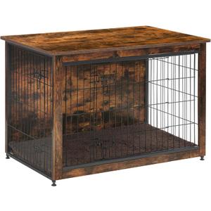 DWANTON Dog Crate Furniture with Cushion, Wooden Kennel Table with Double Doors, Indoor Dog House, Large Size, 38.5" L, Rustic Brown