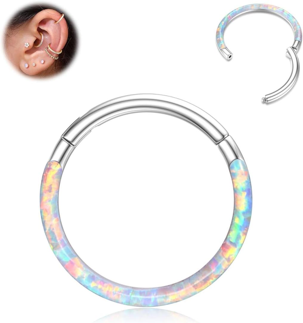 BodyBonita Hinged Opal Nose Rings Hoops - 16G 316L Surgical Steel Hinged Hoop Nose Rings for Women Conch Piercing Jewelry Helix Daith Cartilage Earring White Opal 10 mm Silver