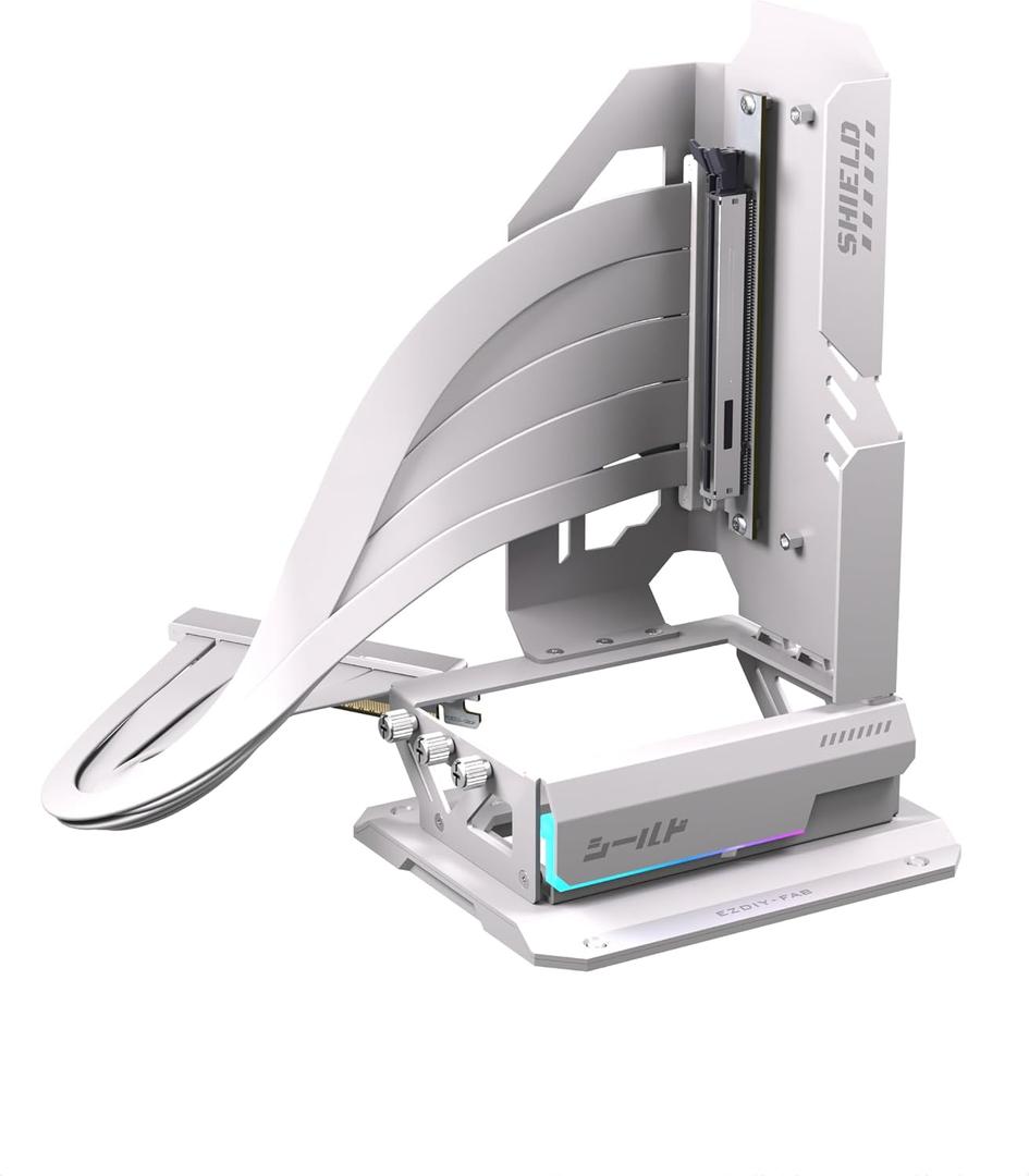 EZDIY-FAB Shield ARGB Upright GPU Mount with PCIe 5.0 Riser Cable, Vertical GPU Bracket Support RTX 50 Series, 20 Degree Adjustable Angle, Magnetic & Fan-Slot Installation, 5V ARGB Sync White 400mm