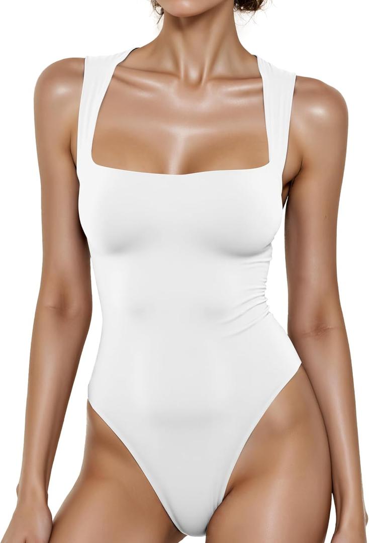Womens Square Neck Sleeveless Bodysuit  Slim Fit Stretchy Tank Top for Summer Layering, Casual Outfits (White, S)