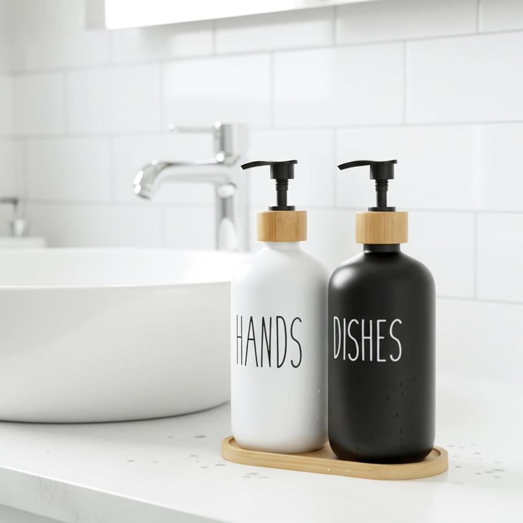 2 Pack Glass Soap Dispenser Set with Bamboo Tray, 16 Oz Dish Soap and Hand Soap Dispenser Set for Bathroom Kitchen Counter Decor (White, Black)