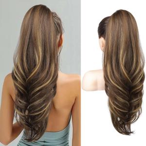 SEIKEA Versatile Drawstring Ponytail Extension, 26" Long Wavy Multi Layered Clip in Ponytail Hair Extensions Stand Up High Fake Pony Tail Soft Natural Synthetic Hairpiece Chocolate Brown Highlights